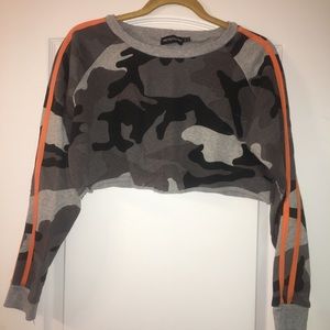 PLT cropped gray camo w orange stripe sweater